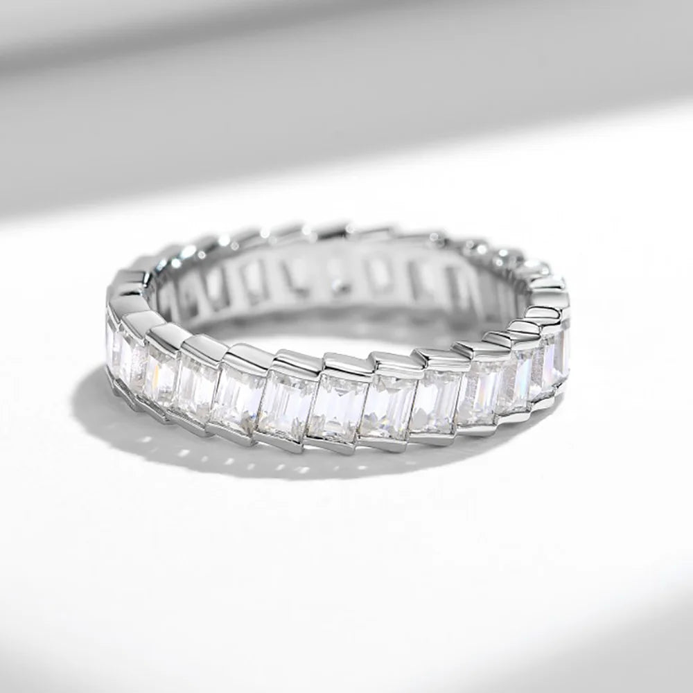 Moissanite Row Rings for Women Gift 100% S925 Sterling Silver 4.3ct tw Emerald Cut D Color