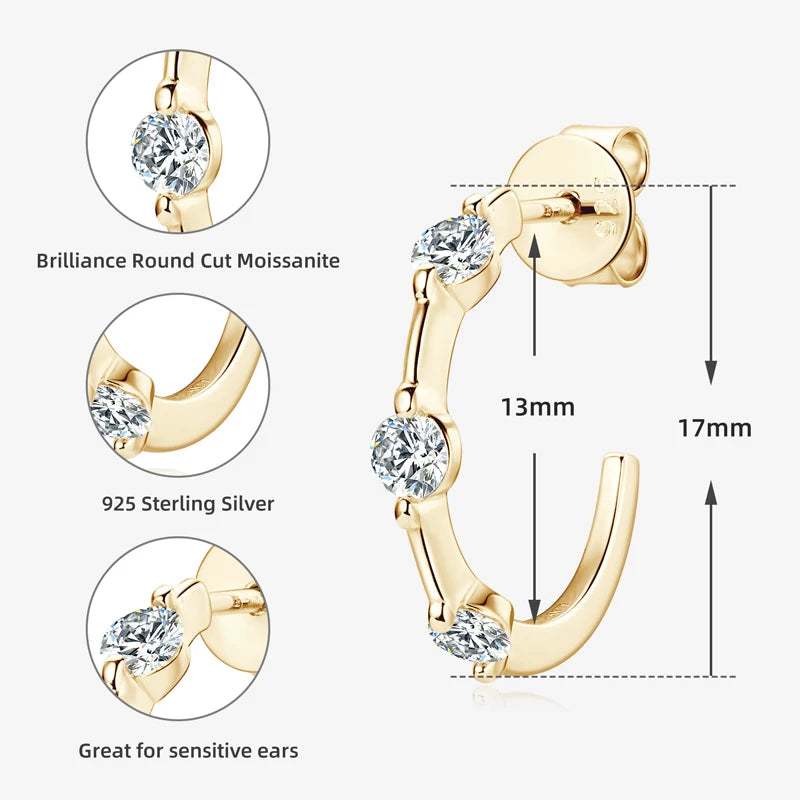Certified 3mm Moissanite Earrings for Women 925 Sterling Silver Unique C-shaped Stud Earring