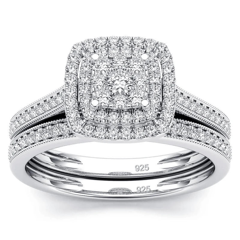 Moissanite Ring Set 925 Silver Wedding Jewelry Luxury Engagement 2pcs