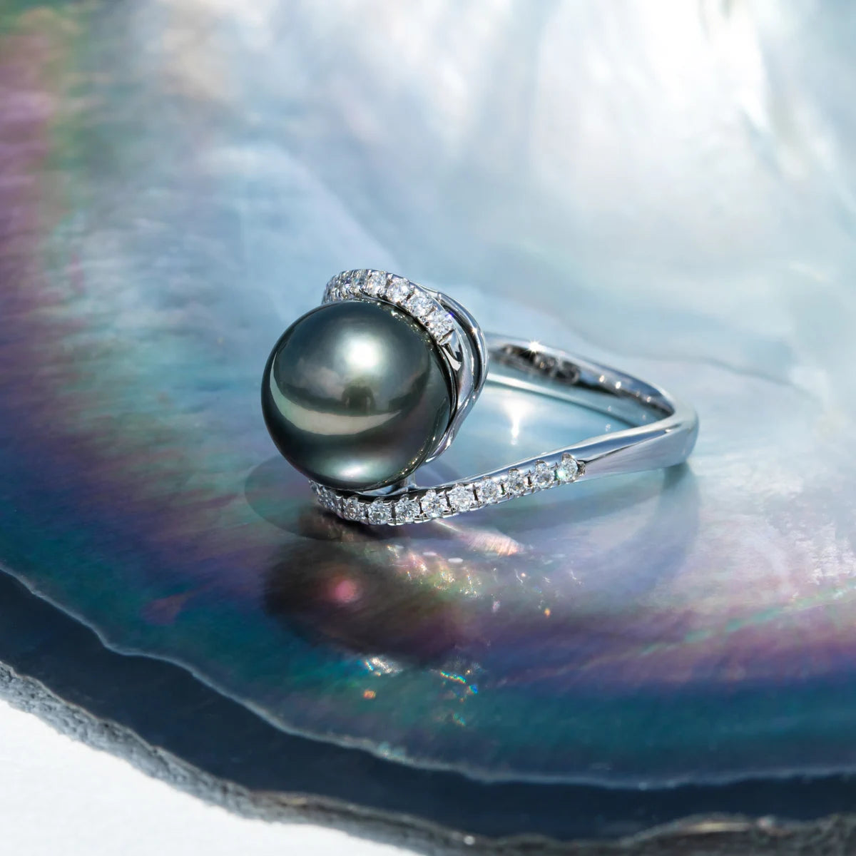 10-11mm Natural Tahitian Black Pearl 1.4mm Moissanite Diamond Engagement rings