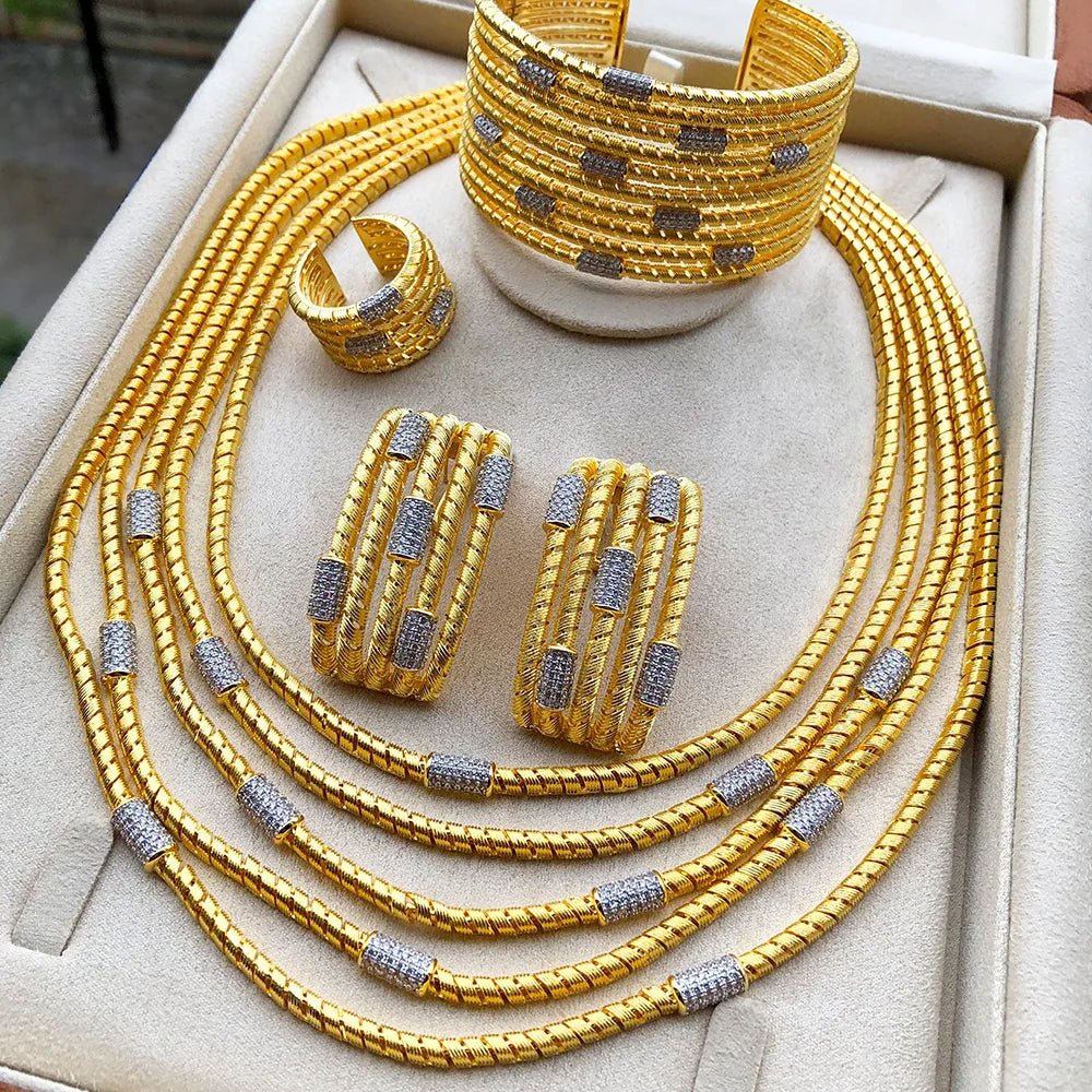 Luxury 4pcs Multi Layers African Jewelry Sets For Women Wedding Necklace Earring Bangle Ring Jewelry Trendy HOT New