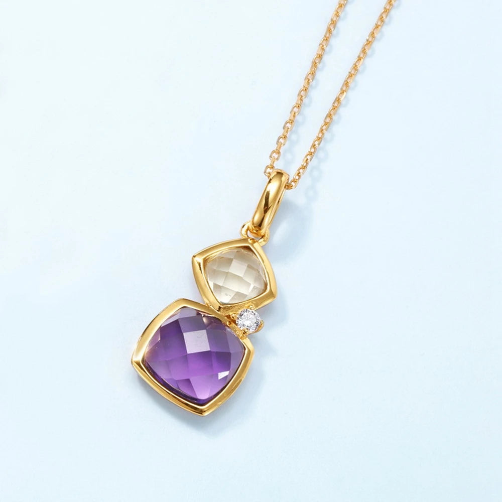 Lab Sapphire Amethyst Garnet Citrine Gems Pendant Necklace Vintage 10K Gold Plated 925 Sterling Silver