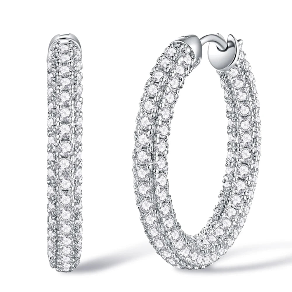 Moissanite Sparkle Hoop Earrings for Women Solid 925 Sterling Silver 1.5mm Hypoallergenic Earrings with 18K White Gold Plated