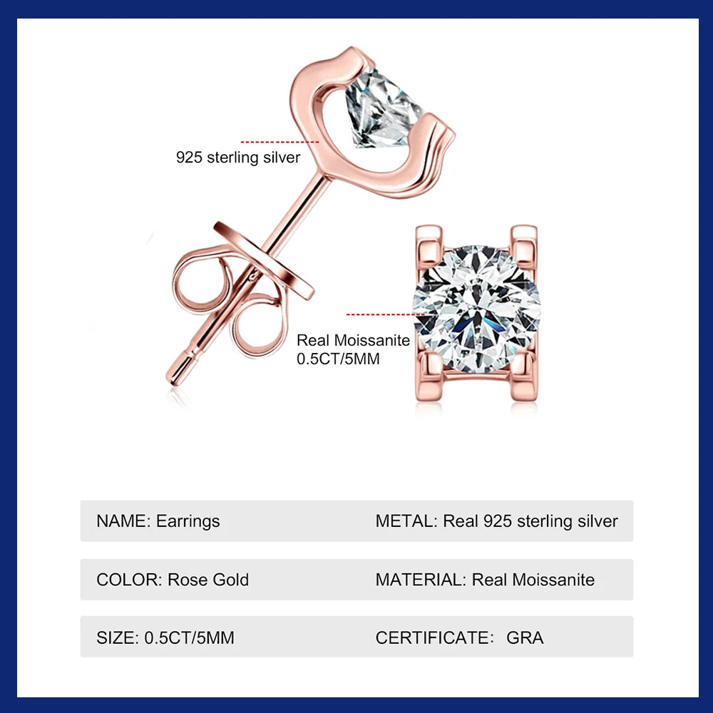 Rose Gold 5mm Moissanite Stud Earrings 100% 925 Silver Classic Bull Head Diamond Earring for Women Men Plated 18k Gold Jewelry