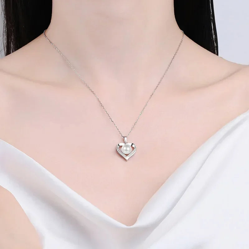 Girl Adult's Day White Gold 18K Necklaces 0.96CT Moissanite Diamond 9mm Pearl Heart Pendant Women PT950 Platinum Birthday Gift