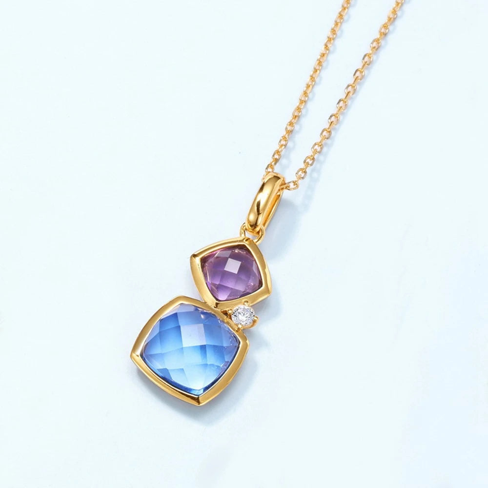 Lab Sapphire Amethyst Garnet Citrine Gems Pendant Necklace Vintage 10K Gold Plated 925 Sterling Silver