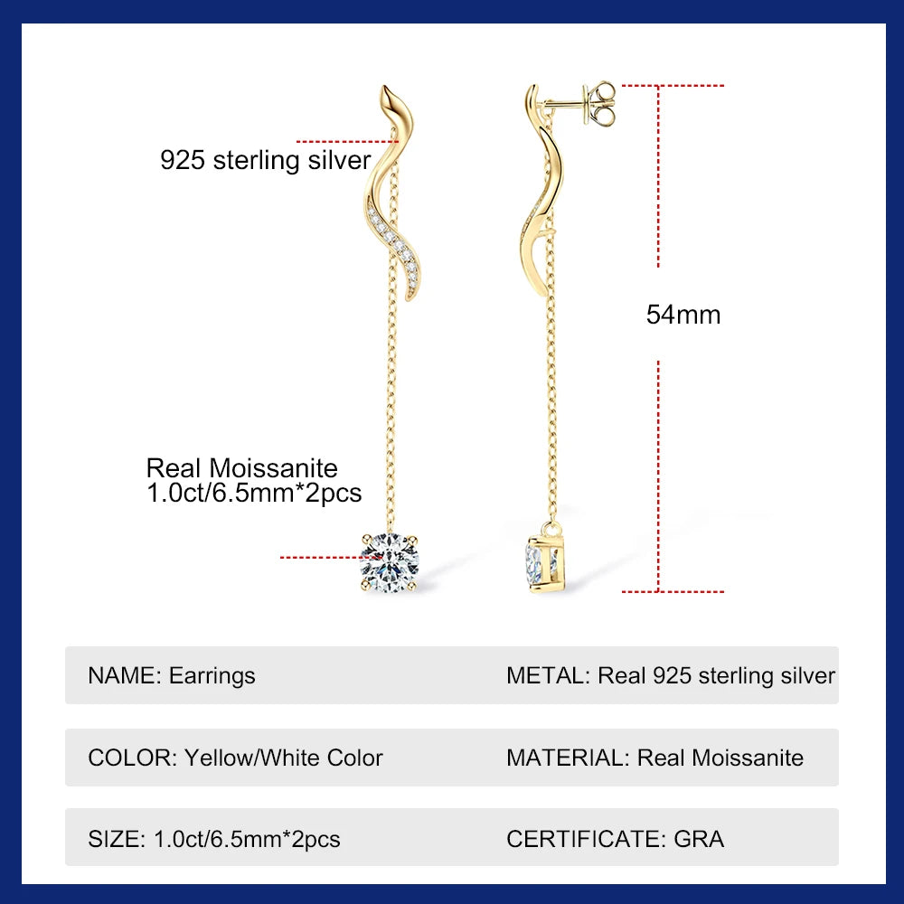 Moissanite Drop Earrings S925 Sterling Silver 1CT  Long Tassel Dangle Earring for Women Wedding Jewelry Gifts with GRA