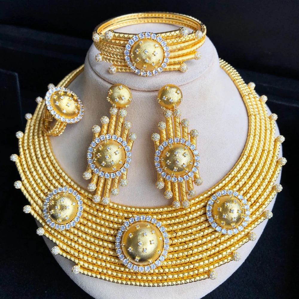Luxury Princess 4PCS Round African Jewelry Sets For Women Wedding Party Full Cubic Zircon Dubai Bridal jewelry Set Gift