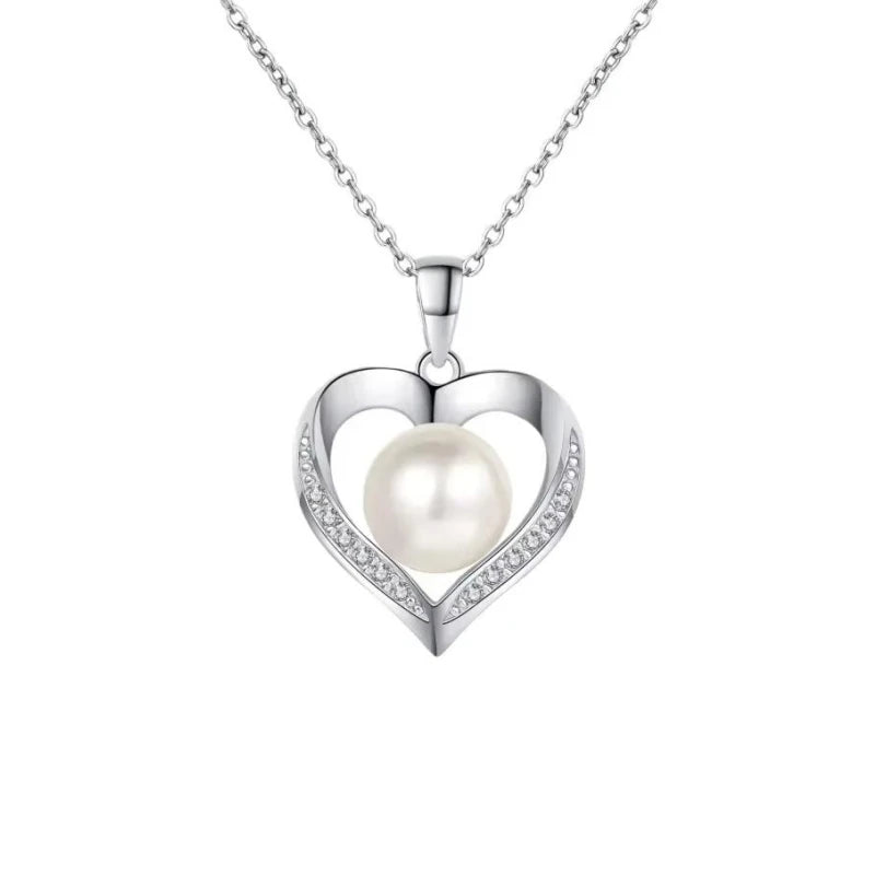 Girl Adult's Day White Gold 18K Necklaces 0.96CT Moissanite Diamond 9mm Pearl Heart Pendant Women PT950 Platinum Birthday Gift