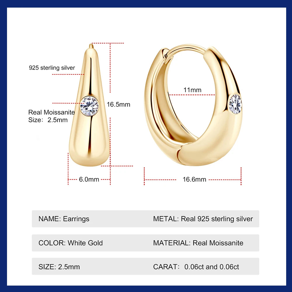 Certified 925 Silver Vintage Chunky Hoop Earring For Women 2.5mm Moissanite Earrings Trendy Prevent Allergy Jewelry Gifts