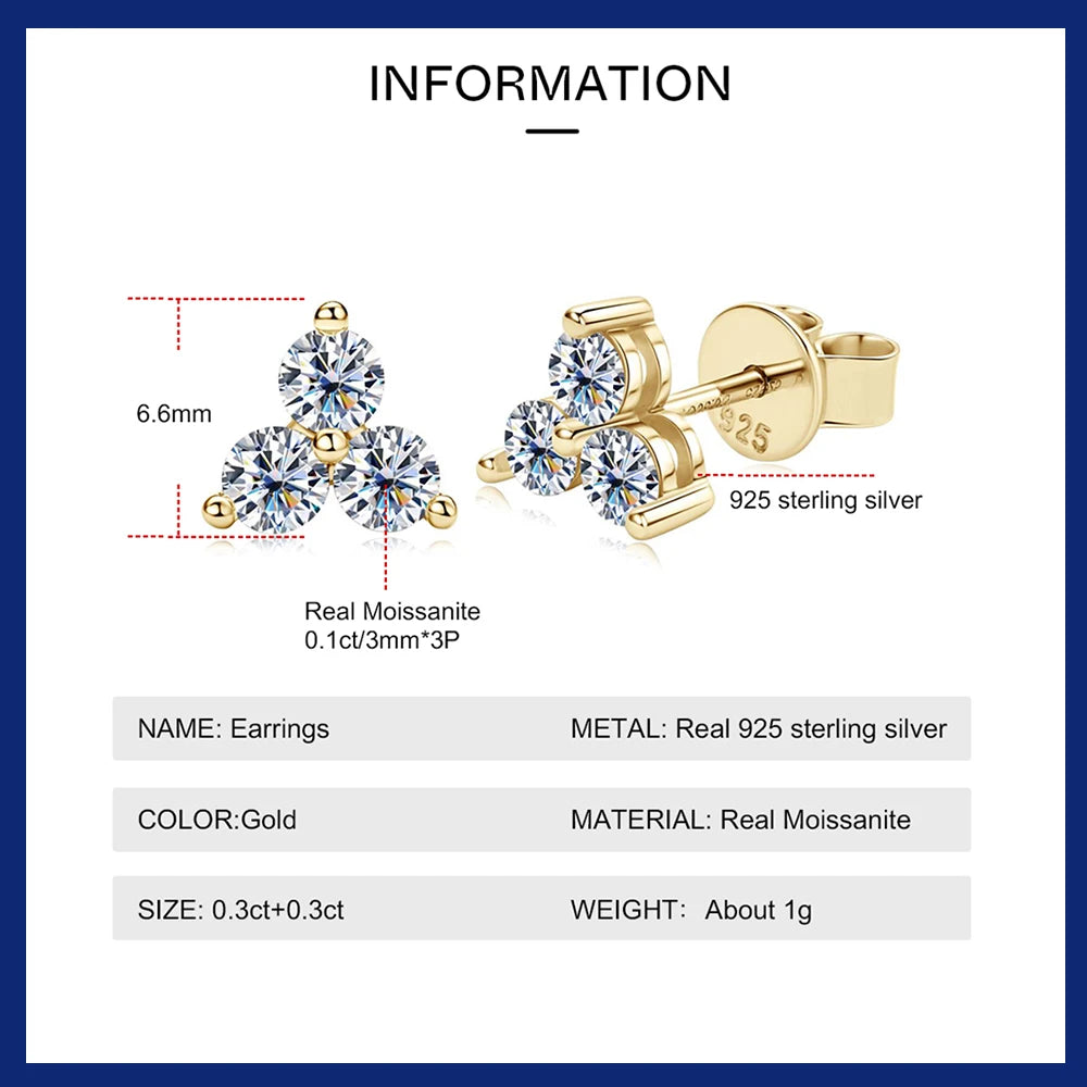 Stud Earrings 100% 925 Sterling Silver 3mm D Color Diamond Earring for Women Girl Birthday Gift with GRA 0.3CT Clover Moissanite