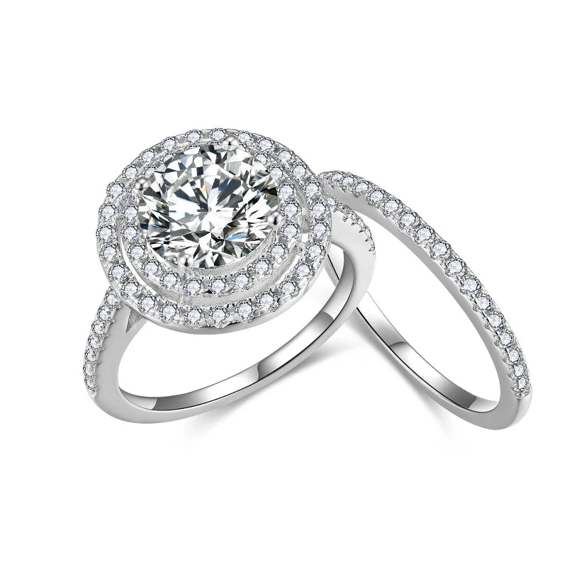 All Moissanite Ring Set for Women 8mm Round 2 Carat Engagement Double Layered Round Bag Stacked and Arranged for Wearing