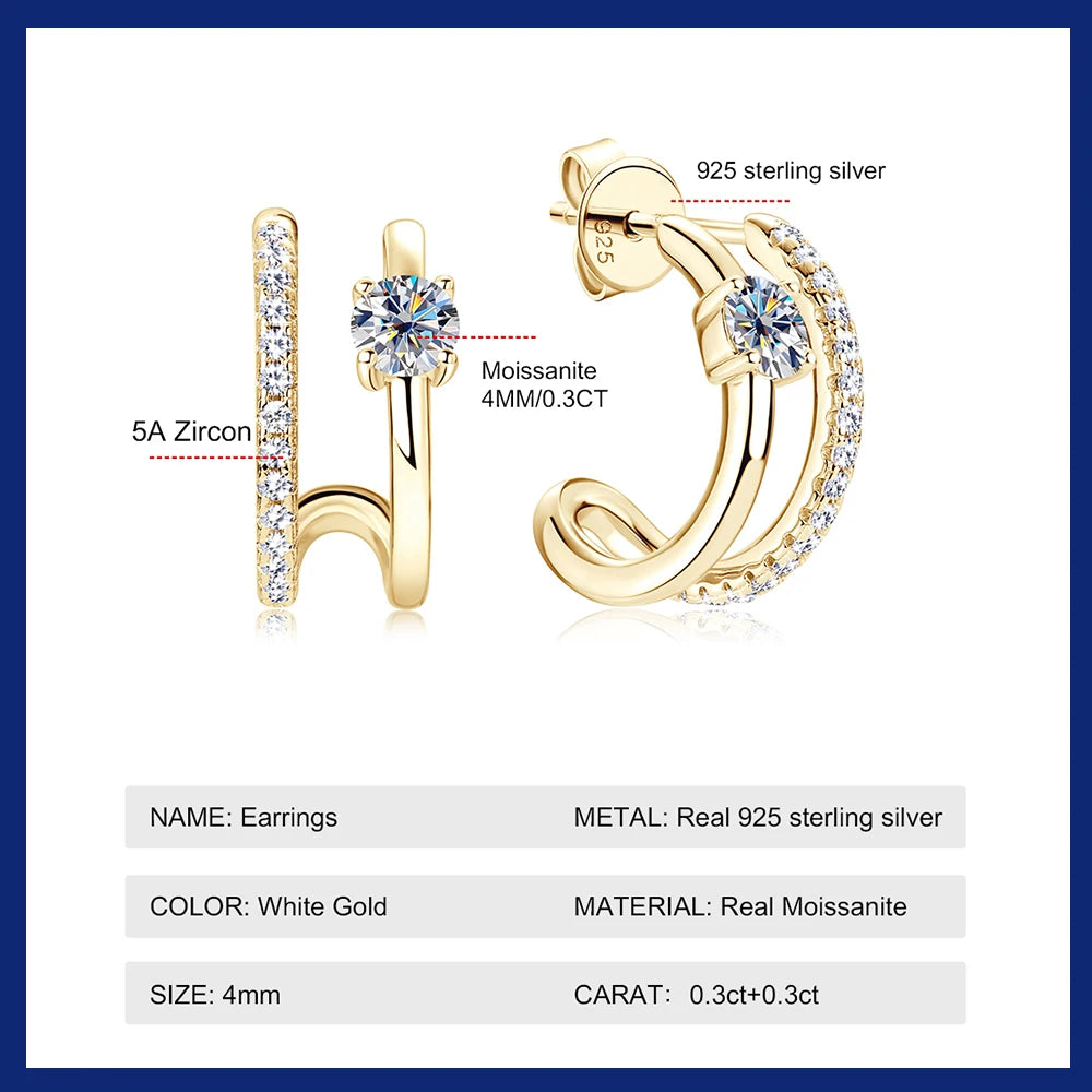 Original 925 Silver Earrings 4mm Moissanite Diamond Earring Half Small Piercing Hoops Ear Stud for Women Plated 18K Gold Jewelry
