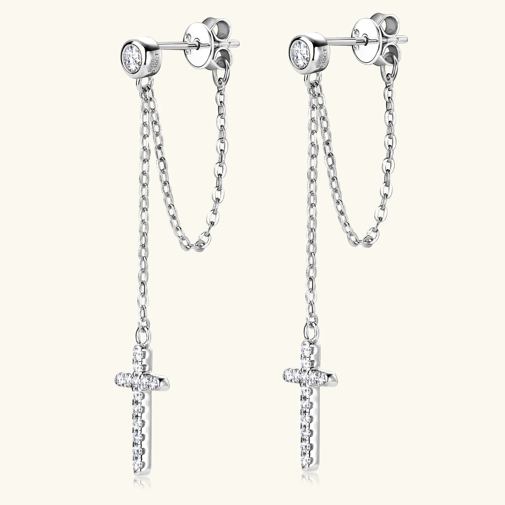 Long Tassel Cross Earrings 3mm Moissanite Diamond Stud Earring For Women 100% S925 Silver Plated 18K Gold Jewelry Gift