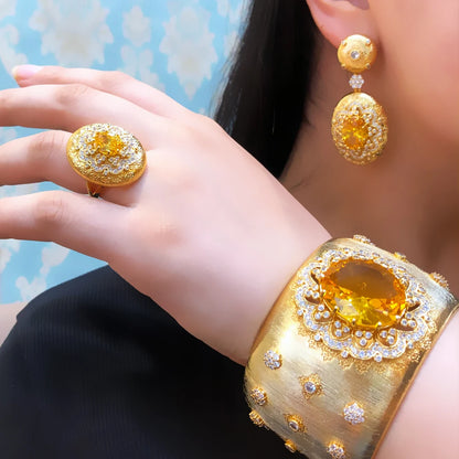 golden Wide Bangle Earrings Ring Jewelry Sets