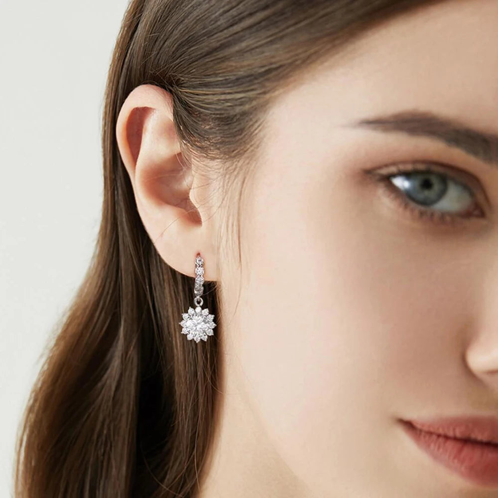 Drop Earrings for Women Original Certified 925 Silver 2 Carat Moissanite Sun Flower Diamond Hoop Earring Fine Jewelry