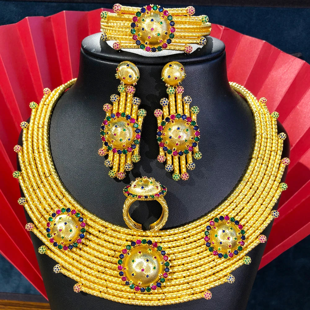 Luxury Princess 4PCS Round African Jewelry Sets For Women Wedding Party Full Cubic Zircon Dubai Bridal jewelry Set Gift
