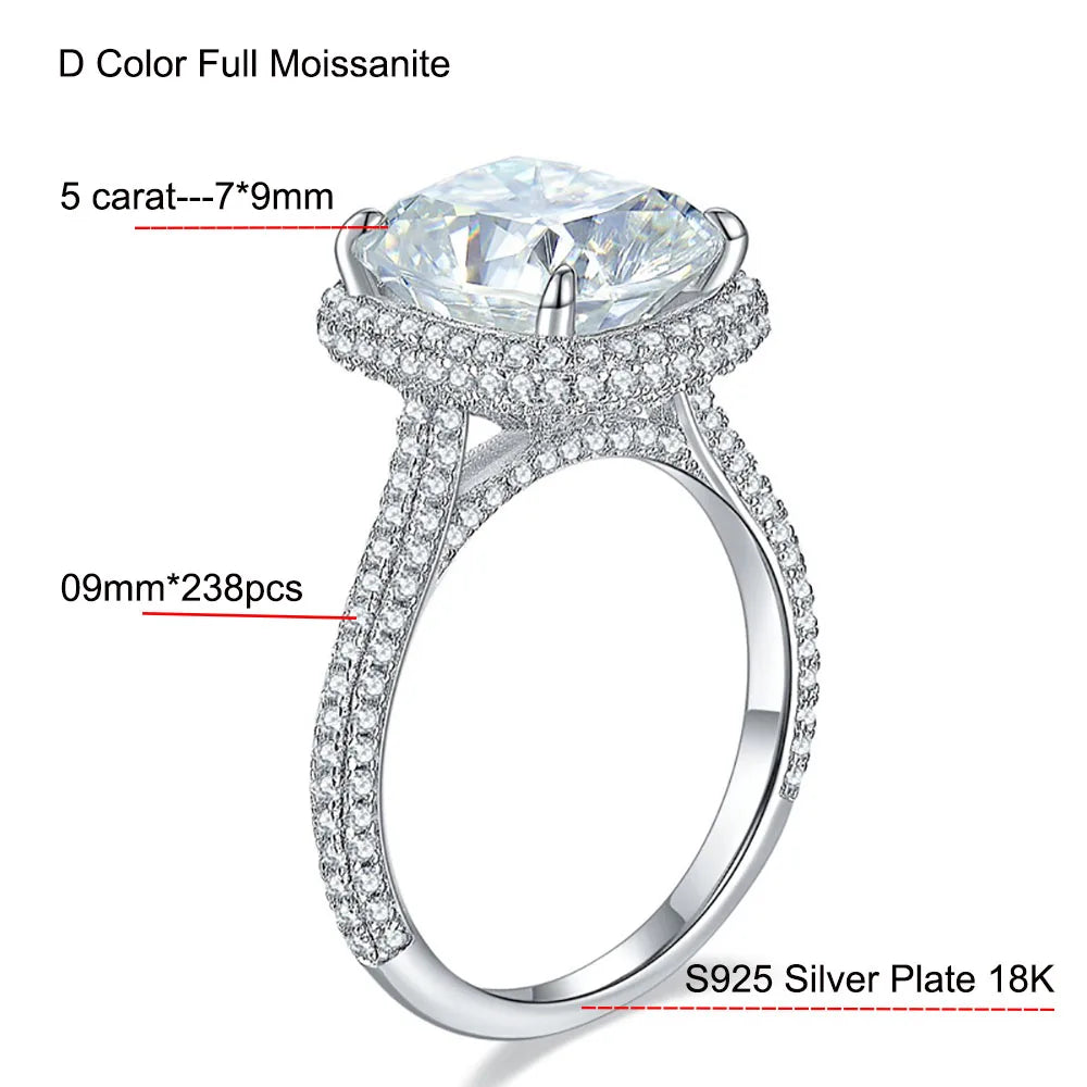 5ct Pillow Shaped Cut D Color Moissanite Rings Women Gift 100% S925 Sterling Silver Plated 18k Eternity Rings Jewelry