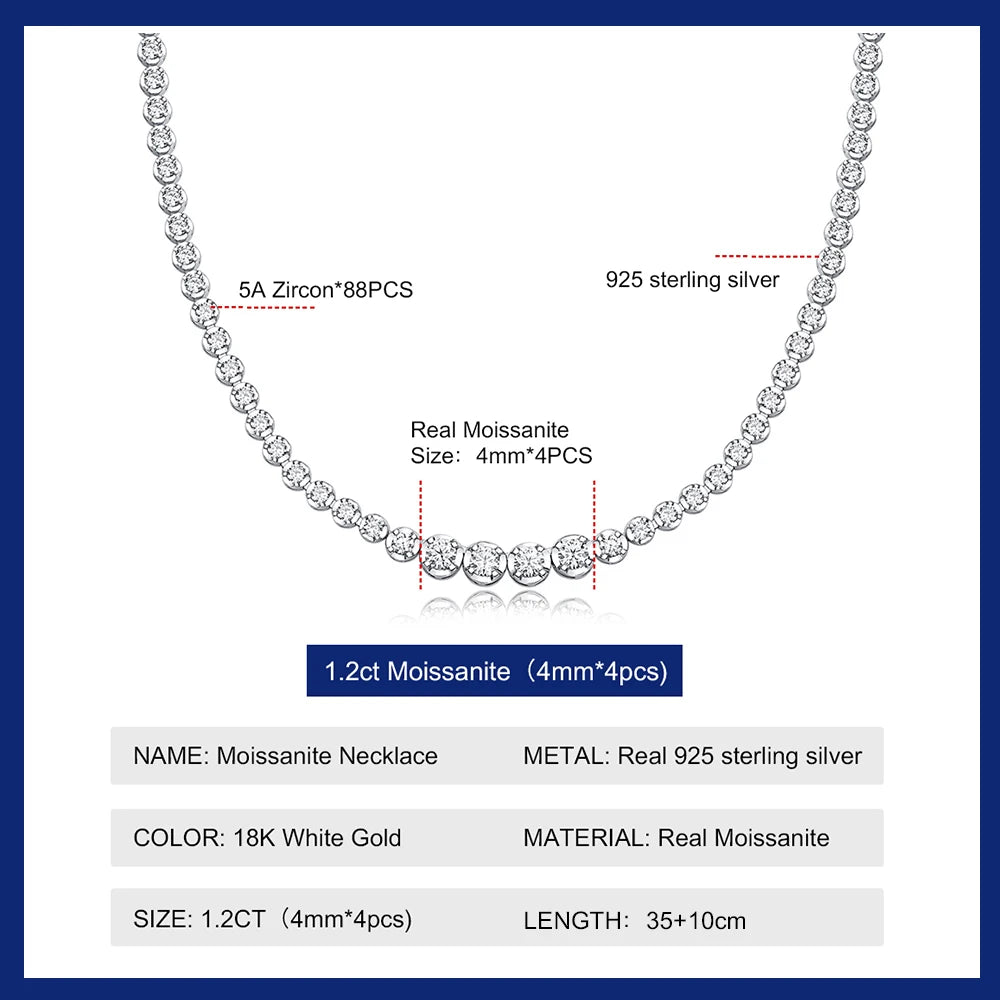 Moissanite Tennis Necklace for Women S925 Sterling Silver Plated Gold 1.2 Carat Diamond Chain Necklaces Wedding Party Jewelry