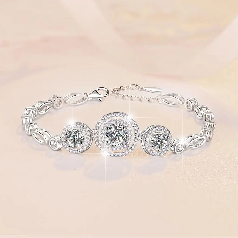 Moissanite Bracelets for Women 2cttw 100% D Color Three Halos Adjustable Round Bangles Sterling Silver 925 Jewelry GRA