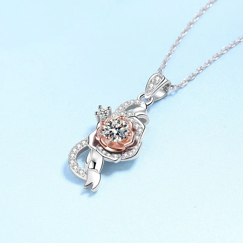 Girl Friend Birthday Gift 18K White Gold Necklaces 0.5CT Moissanite Diamond Rose Pendant PT950 Platinum Women Wedding Jewelry
