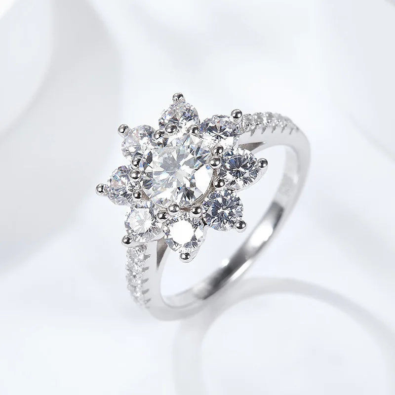 Moissanite Diamond Ring Woman 925 Sterling Silver Sunflower Flower Shape 2 Carats D Color Engagement Wedding Jewelry