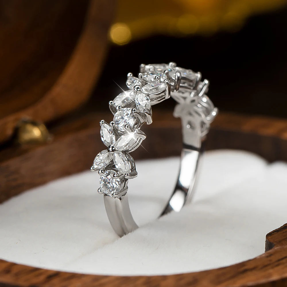 Moissanite Row Rings For Women 100% S925 Sterling Silver Plated 18K Horse Eye Cut D Color