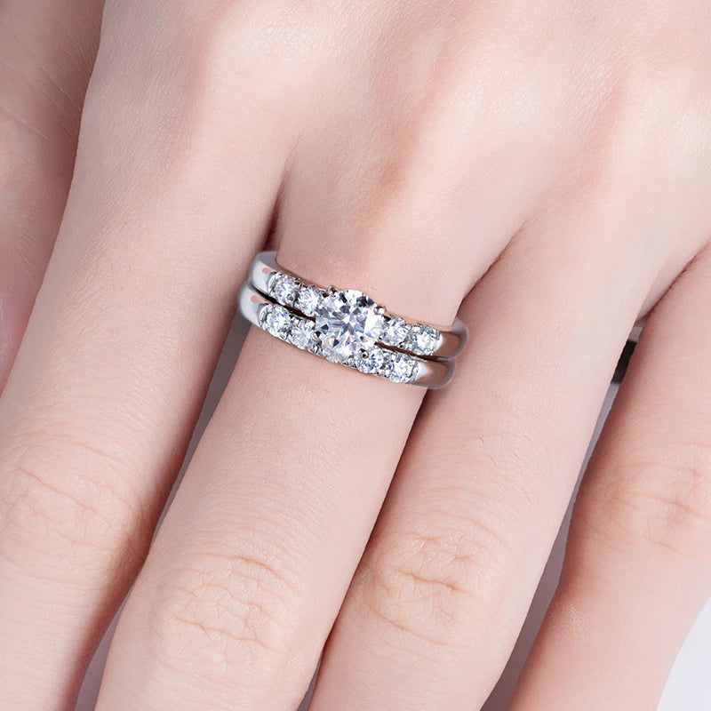 925 Silver Rings Set Round 1 Carat D Color All Moissanite Diamond Wedding Rings for Women