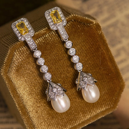 Natural Pearl High Carbon Diamond Citrine Gemstone Drop Earrings Vintage Elegant 925 Sterling Silver