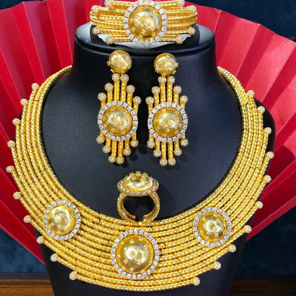 Luxury Princess 4PCS Round African Jewelry Sets For Women Wedding Party Full Cubic Zircon Dubai Bridal jewelry Set Gift