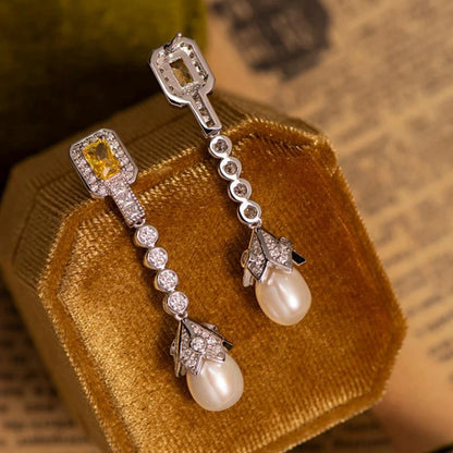 Natural Pearl High Carbon Diamond Citrine Gemstone Drop Earrings Vintage Elegant 925 Sterling Silver