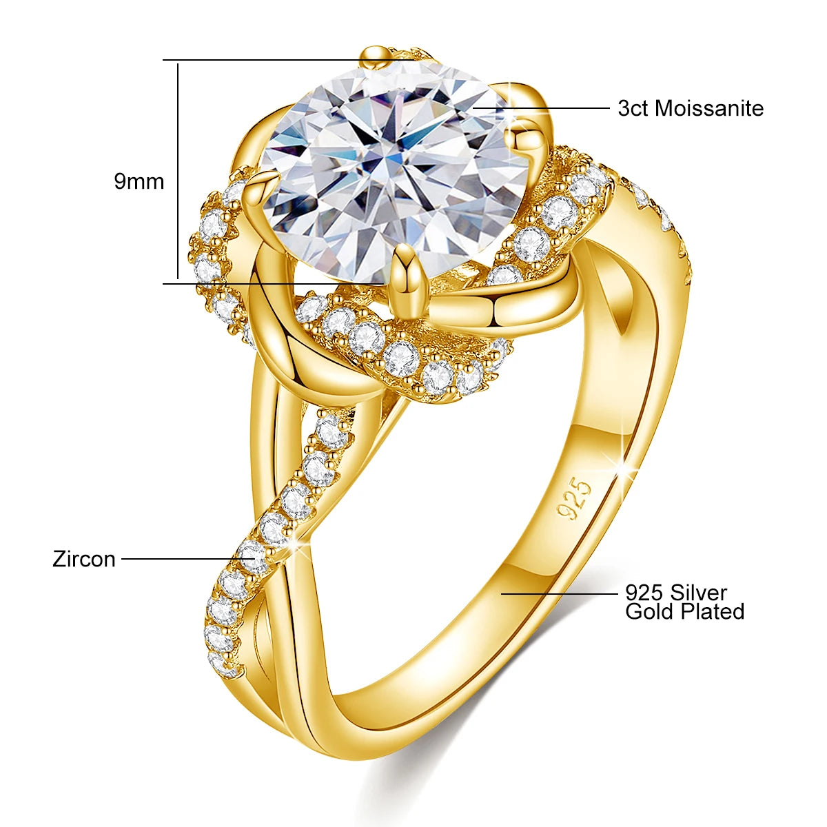 Moissanite Ring Yellow Gold 3ct With Certificate High Quality Wedding Party Jewelry