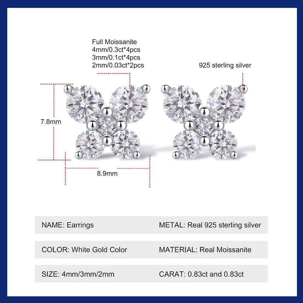 Clover Moissanite Stud Earrings for Women 925 Sterling Silver Female Luxury Flower Earrings Plated 18k White Gold Fine Jewelry
