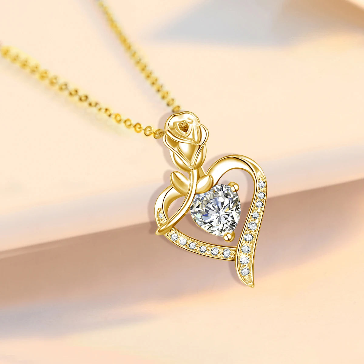 Moissanite Necklace For Women Heart Pendant Luxury Rose Flower