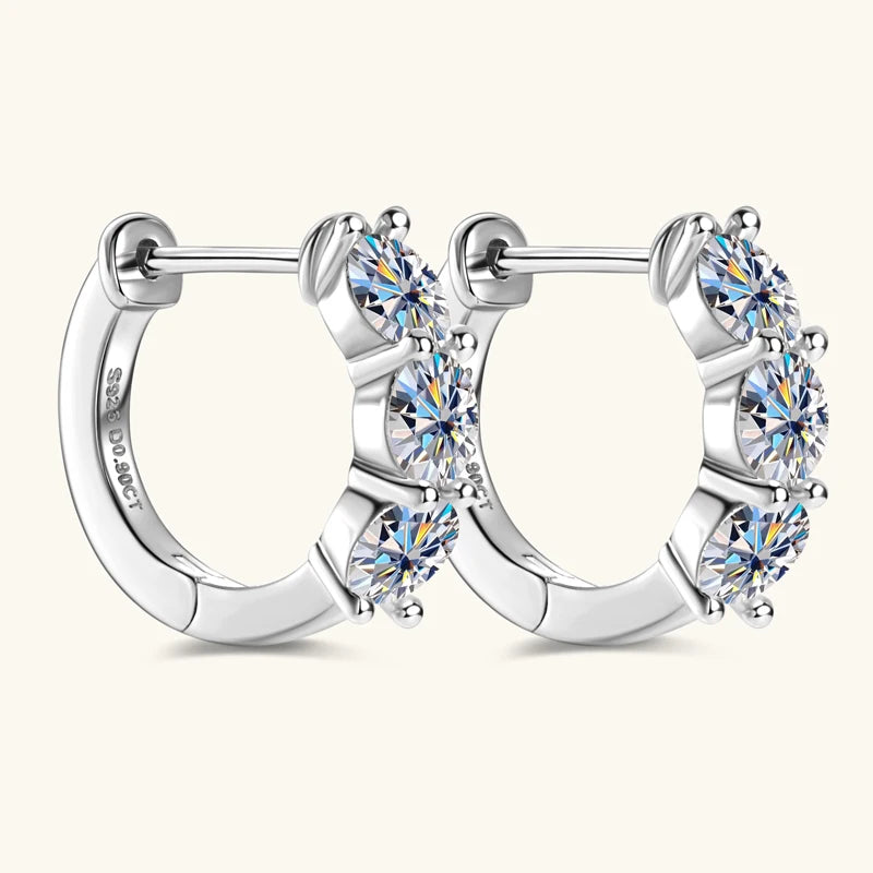 925 Sterling Silver Circle Earring Sparkling Three Stone 4mm Moissanite Hoop Earrings