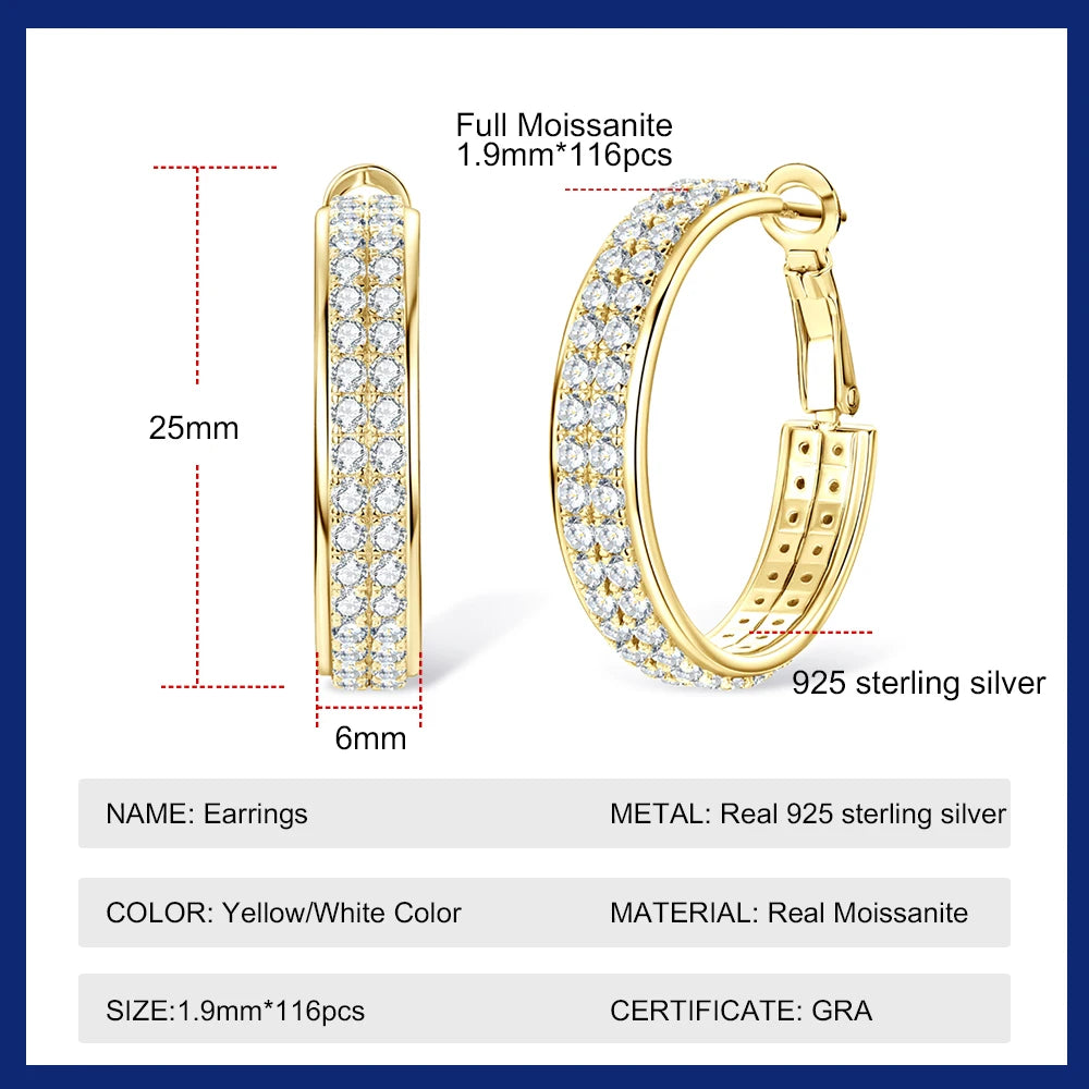 Hoop Earrings for Women Sparkling Brilliant Cut S925 Sterling Silver Plated 18k Wedding Jewelry 1.9mm All Moissanite
