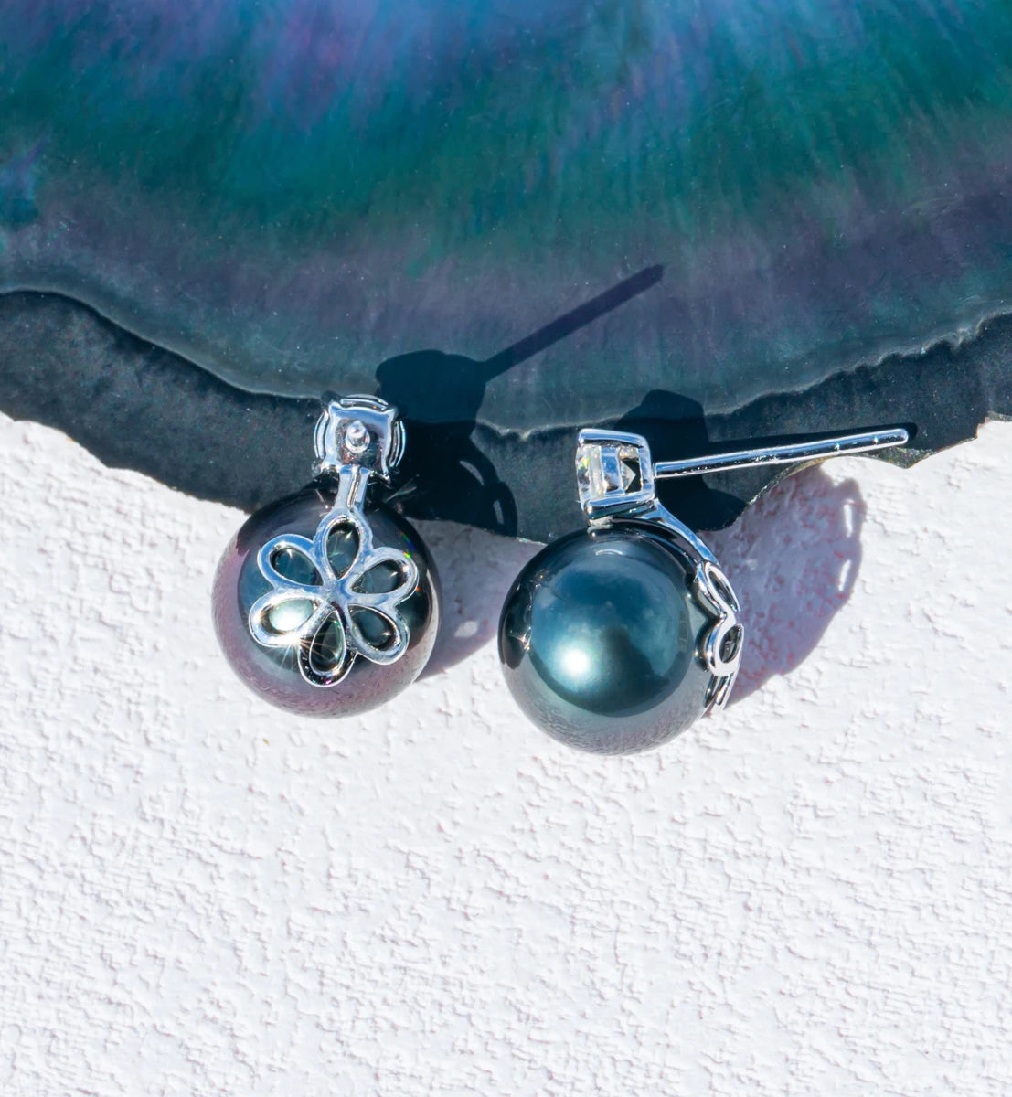 10K White Gold 10-11mm High Luster Natural Tahitian Black Pearl Moissanite Diamond Earrings
