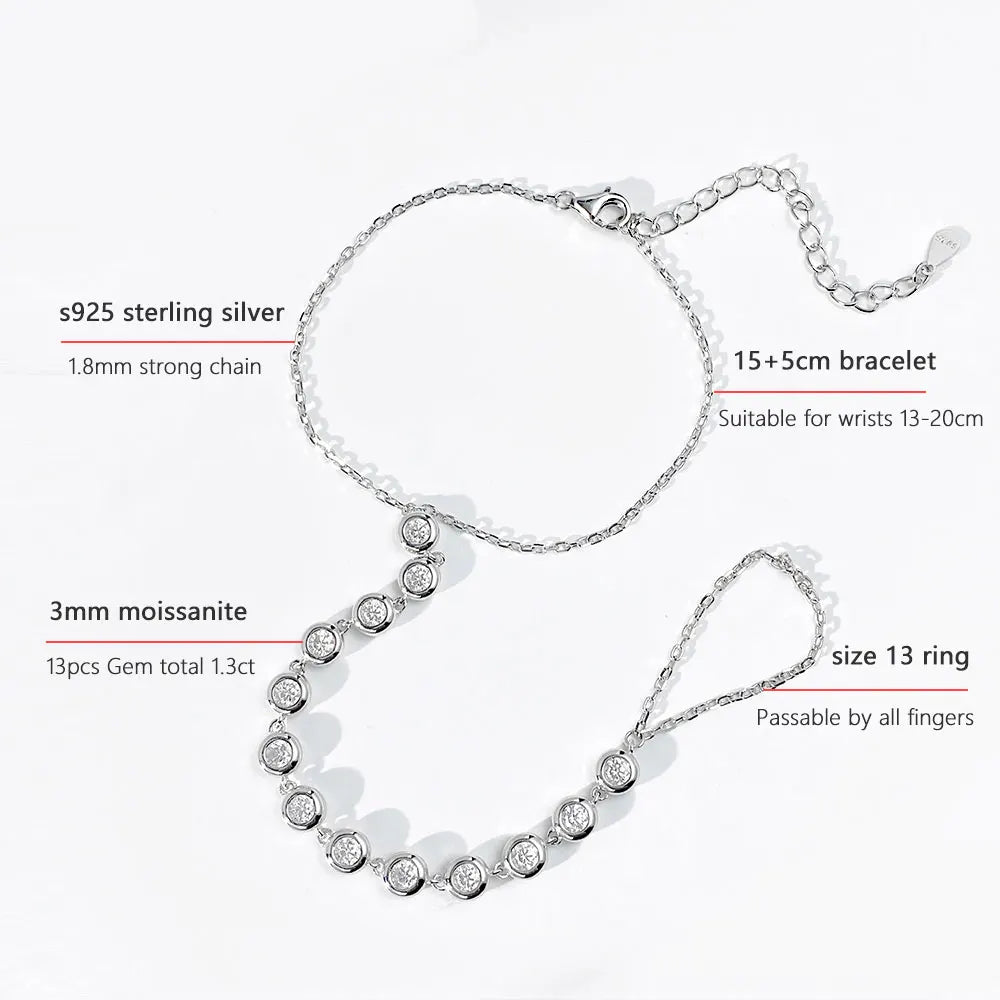 Moissanite Bracelets for Women Girls 15-20cm Adjustable Chain 925 Sterling Silver Plated 18k 3mm