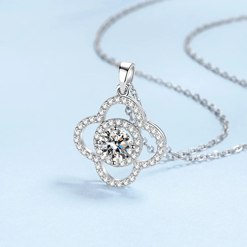Women Wedding 18K White Gold Valentine's Day 1CT Moissanite Diamond Daughter Birthday Gift PT950 Four-leaf Clover Girl Necklaces