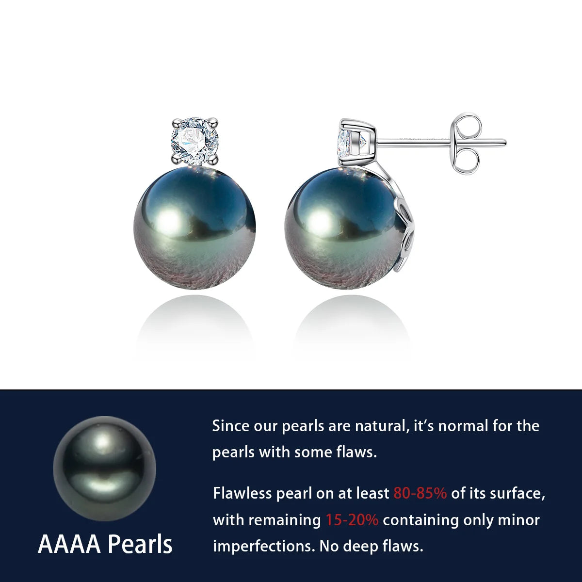 10K White Gold 10-11mm High Luster Natural Tahitian Black Pearl Moissanite Diamond Earrings