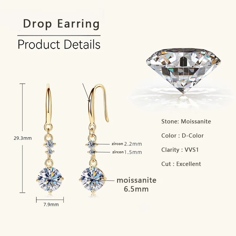 S925 Silver Moissanite Drop Earrings 1 Carat D Color VVS1 Moissanite Diamond