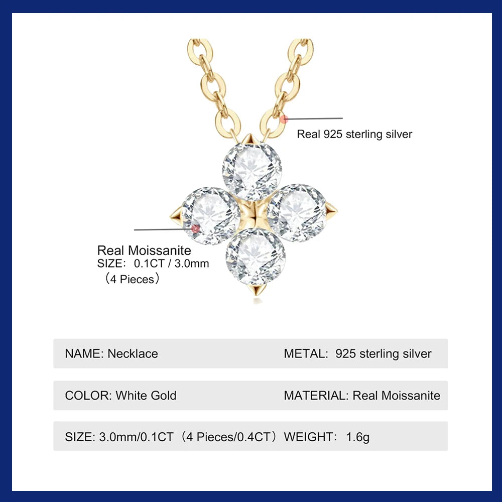 Four Leaf Clover All Moissanite Necklace S925 Sterling Silver 18K Gold Plated 3mm Clover Diamond Pendant Chocker for Women Gift