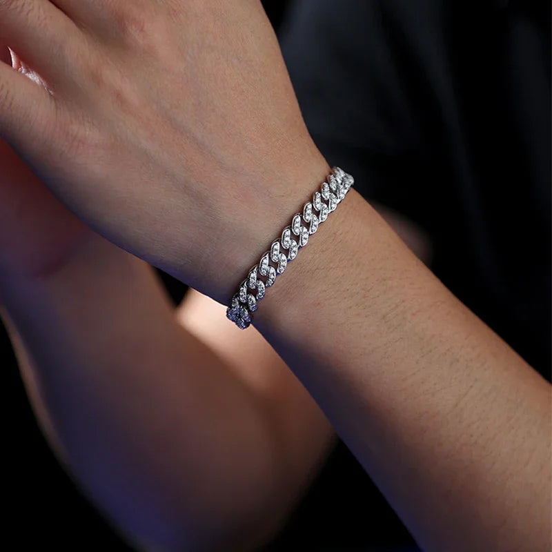Full Moissanite Hip Hop Men Women Cuban Chain Bracelets 925 Sterling Silver with Gold Plated Cuban Bracelet Jewelry