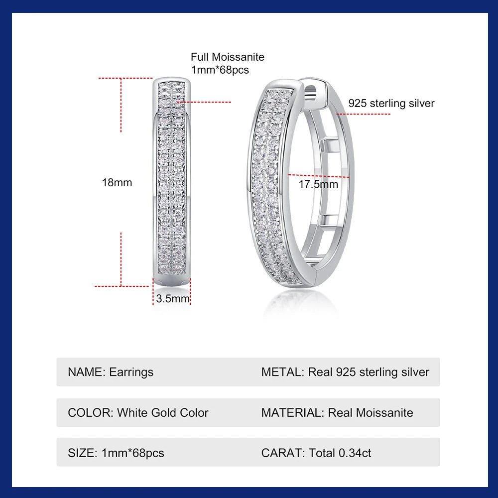 1mm Full Moissanite Hoop Earrings for Women Sparkling Lab Diamond Earring Pure 925 Silver 18K Gold Plated Jewelry