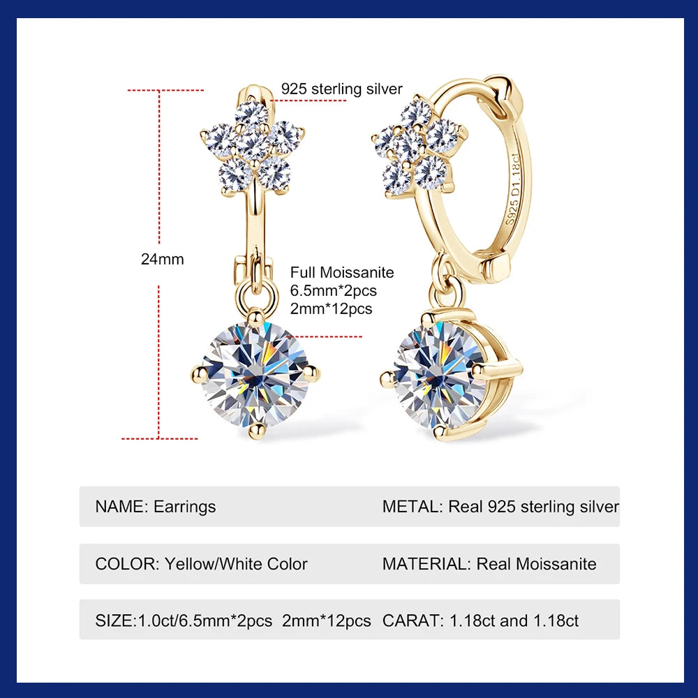 925 Silver Moissanite Hoop Earrings 2.36 Carat Lab Created Diamond Dangle Earring for Women Girls Fine Jewelry Gifts