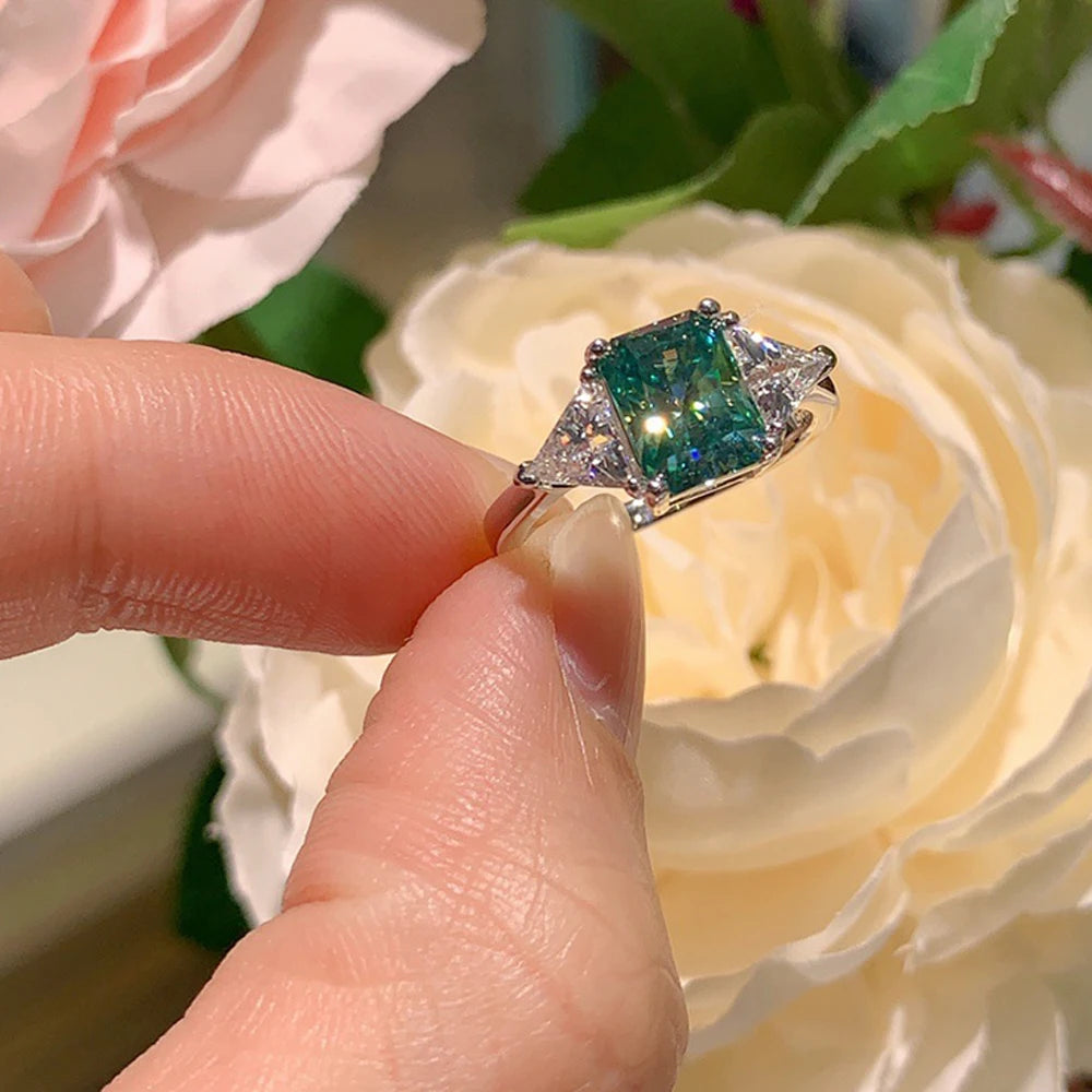 Moissanite Rings For Women 100% S925 Sterling Silver Plated 18K 6*8mm Green Radiant Cut