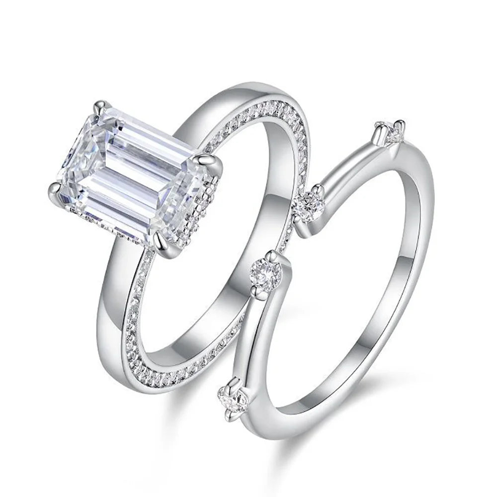 3ct Emerald Moissanite Rings Set Fine Jewelry 100% S925 Sterling Silver Rings Plated 18K Band for Women Wedding Bridal