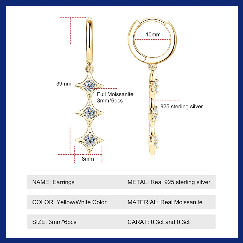 Moissanite Drop Earrings 925 Sterling Silver Long Dangle Earrings for Women Trendy Jewelry 18K Gold Plated