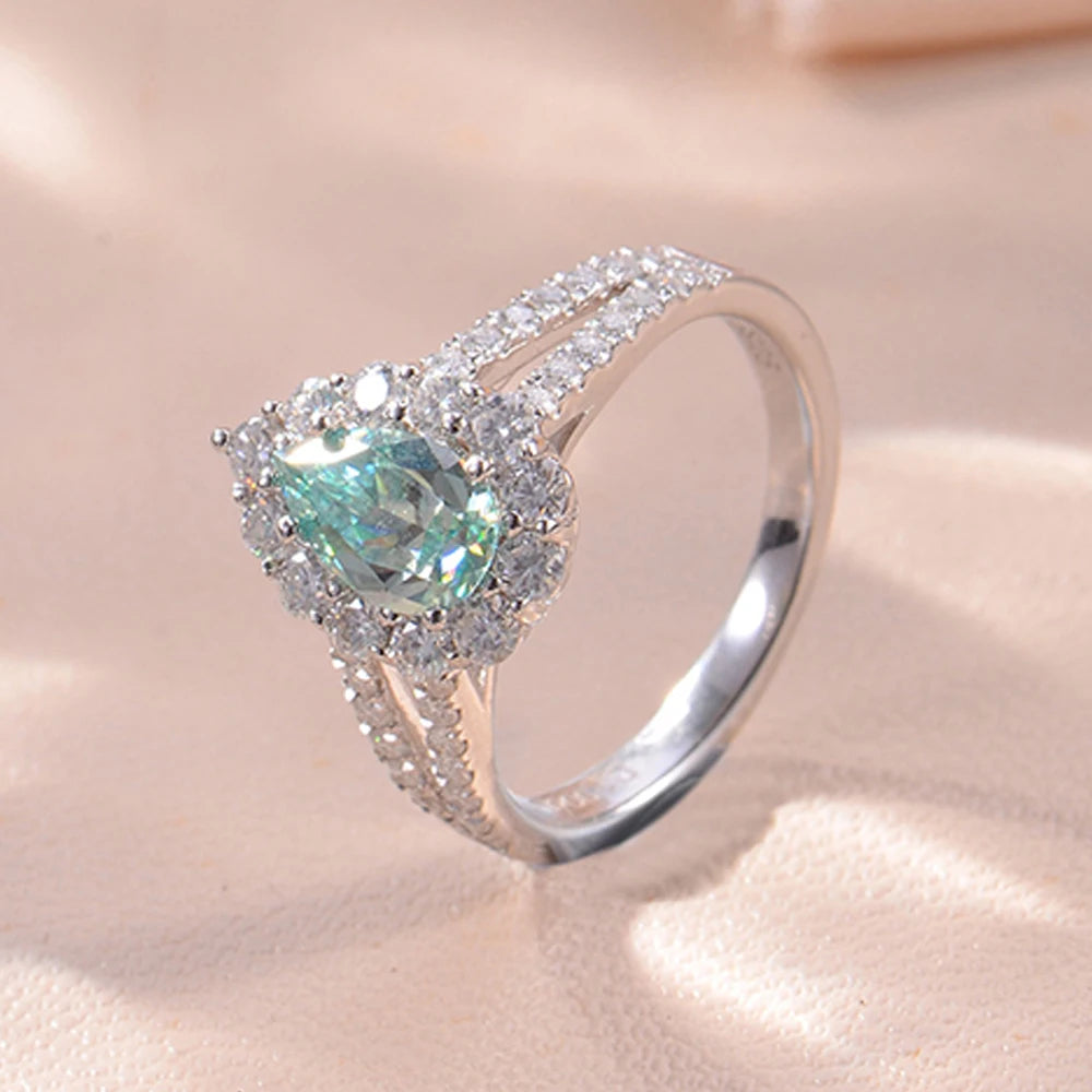 Moissanite Rings For Women Party Gift 100% S925 Sterling Silver Plated 18K 1ct Pear Cut Green