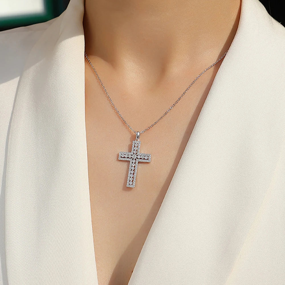 Moissanite Cross Pendant Necklace Original S925 Sterling Sliver Plated 18k White Gold Jesus Cross Necklace Jewelry For Men/Women